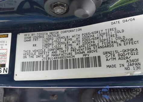 2004 Toyota 4Runner Sr5 V6 z USA, uszkodzony, nr VIN JTEBU14RX48024434